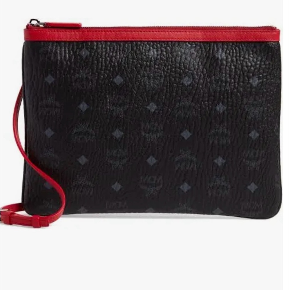 NWT Authentic MCM Visetos Pouch Crossbody Clutch in Black w/ Red Trim